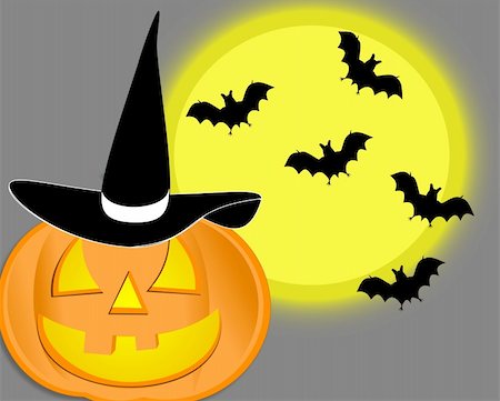 simsearch:400-05254177,k - A Halloween pumkin with a witch hat and bats flying around Stock Photo - Budget Royalty-Free & Subscription, Code: 400-05174549