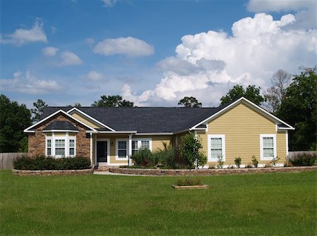 One story residential home with vinyl siding and brick or stone on the facade. Stock Photo - Budget Royalty-Free & Subscription, Code: 400-05175766