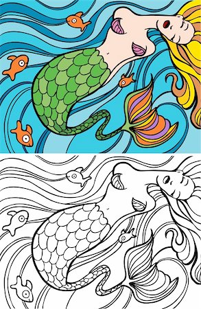 fish clip art to color - Mermaid swimming in the ocean with gold fish - both color and black / white version. Stock Photo - Budget Royalty-Free & Subscription, Code: 400-05175974