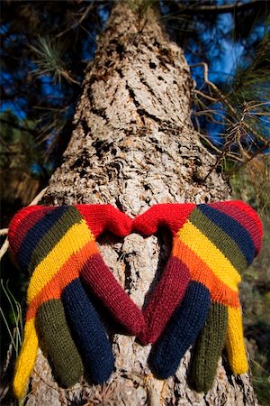 spanishalex (artist) - Womans hands in colorful gloves making a heart shape om a pine tree trunk Stock Photo - Budget Royalty-Free & Subscription, Code: 400-05177814