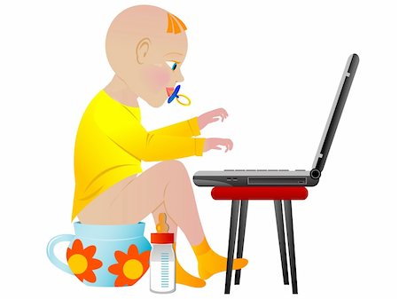 The baby the child prodigy works on notebook sitting on a night pot in a vector Stock Photo - Budget Royalty-Free & Subscription, Code: 400-05178873