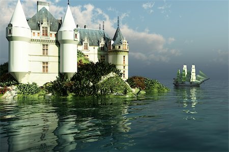 fantasy fortress - A clipper ship sails past a grand castle. Stock Photo - Budget Royalty-Free & Subscription, Code: 400-05172616