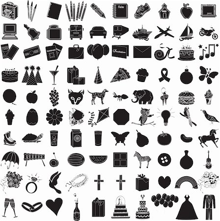 Vector Illustration of 100 Icon Objects with outlines. Everything from holiday to supplies. Stock Photo - Budget Royalty-Free & Subscription, Code: 400-05184140