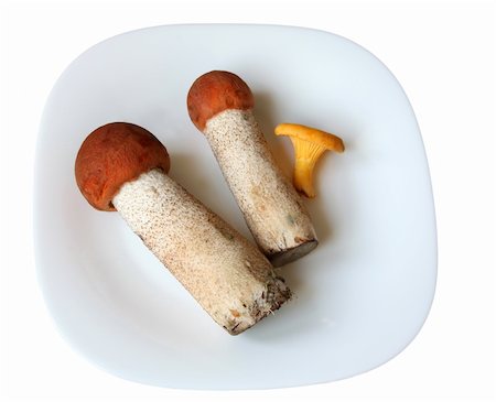 simsearch:400-04766599,k - Raw wild mushrooms on a plate. Orange-cap boletus (aspen) and chanterelles. Isolated on white Stock Photo - Budget Royalty-Free & Subscription, Code: 400-05181837