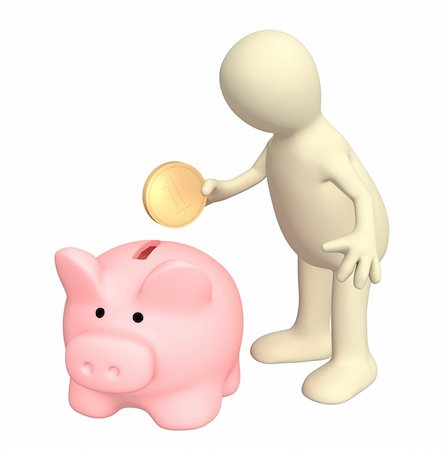 simsearch:400-04084846,k - 3d puppet who is saving money in piggy bank. Object over white Stock Photo - Budget Royalty-Free & Subscription, Code: 400-05195426