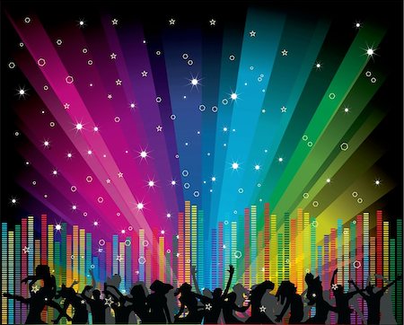 pictures of groups of dancers jumping - Cool vector illustration with dancers and equalizer on rainbow background Stock Photo - Budget Royalty-Free & Subscription, Code: 400-05197567