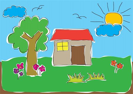 Vector illustrations of child's drawing of a house in a nice natural environment Stock Photo - Budget Royalty-Free & Subscription, Code: 400-05197579