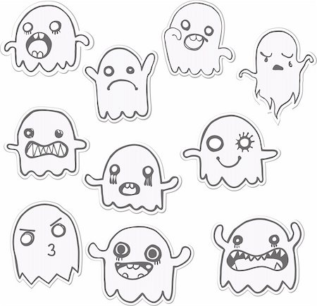 scary eyes drawing - Set of 10 Cute Ghosts Stickers. Vector Image Stock Photo - Budget Royalty-Free & Subscription, Code: 400-05191809