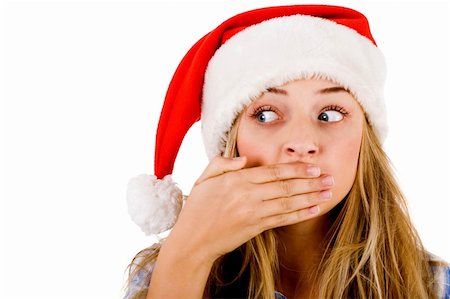 simsearch:400-04158321,k - Closeup of young women covering her mouth with both hands on a white isolated background Stock Photo - Budget Royalty-Free & Subscription, Code: 400-05201954