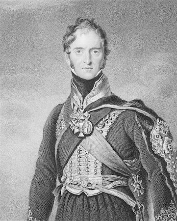 simsearch:400-05685013,k - Henry Paget, 1st Marquess of Anglesey (1768-1854) on engraving from the 1800s. British military leader and politician, mostly remembered for leading the charge of the heavy cavalry against d'Erlon's column during the Battle of Waterloo. Engraved by S.Freeman after a painting by T.Lawrence and published in London by Fisher,Son & Co in 1846. Stock Photo - Budget Royalty-Free & Subscription, Code: 400-05228838