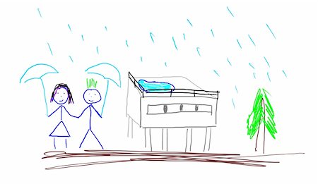 Child's drawing with house, tree, happy girl and boy, umbrella on a rainy day - felt tip pen markers technique Stock Photo - Budget Royalty-Free & Subscription, Code: 400-05238382