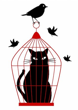 cat caged in birdcage by birds, vector background Stock Photo - Budget Royalty-Free & Subscription, Code: 400-05233415