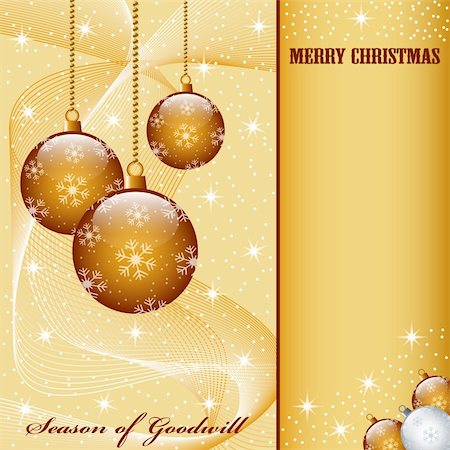 simsearch:400-07103223,k - Christmas scene with hanging ornamental gold balls, snowflakes, stars and snow. Copy space for text. Stock Photo - Budget Royalty-Free & Subscription, Code: 400-05249444