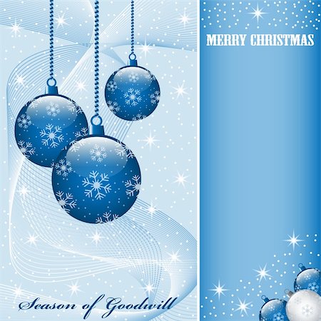 simsearch:400-07103223,k - Christmas scene with hanging ornamental blue balls, snowflakes, stars and snow. Copy space for text. Stock Photo - Budget Royalty-Free & Subscription, Code: 400-05249446