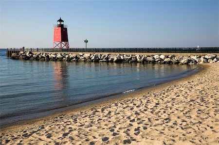 Charlevoix South Pier Lighthouse seen from the beach. Stock Photo - Budget Royalty-Free & Subscription, Code: 400-05256189