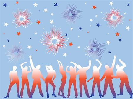 silhouette of firework - vector eps10 illustration of dancing silhouettes under fireworks and stars Stock Photo - Budget Royalty-Free & Subscription, Code: 400-05259188