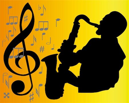 black silhouette of a saxophone player on an orange background with musical signs Photographie de stock - Aubaine LD & Abonnement, Code: 400-05250221