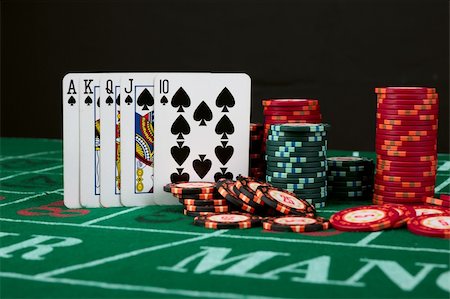 Casino card game showing chips on green cloth background Stock Photo - Budget Royalty-Free & Subscription, Code: 400-05264545