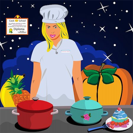 Vector illustration of a young women professional cook in front of the table, and with her diploma on the wall Stock Photo - Budget Royalty-Free & Subscription, Code: 400-05265873