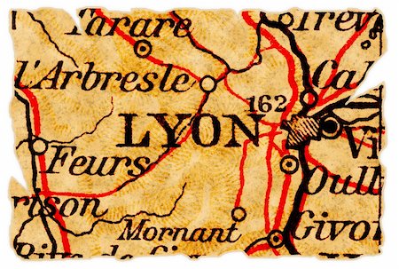 Lyon, France on an old torn map from 1949, isolated. Part of the old map series. Stock Photo - Budget Royalty-Free & Subscription, Code: 400-05265933