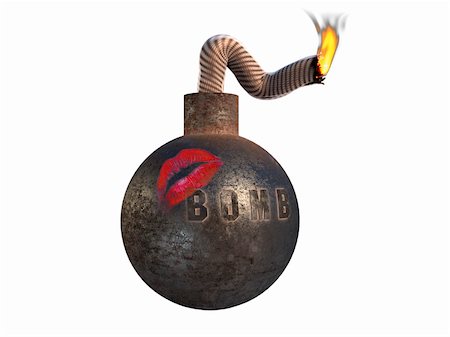 simsearch:400-06761272,k - Old rusted metal bomb with burning wick and word BOMB with lipstick kiss. Isolated from background Stock Photo - Budget Royalty-Free & Subscription, Code: 400-05267539