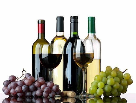 simsearch:400-04226436,k - Several bottles of white and red wine, two glasses and grapes isolated on white background Stock Photo - Budget Royalty-Free & Subscription, Code: 400-05269501