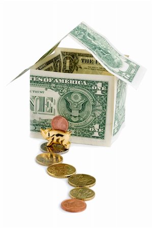 simsearch:400-04011910,k - Money house from dollars coins and golden pig isolated on white background Stock Photo - Budget Royalty-Free & Subscription, Code: 400-05277404