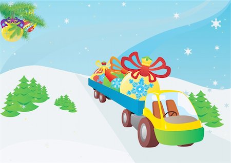 Preparation for the New Year holidays. Truck transports in the back of Christmas decorations. Stock Photo - Budget Royalty-Free & Subscription, Code: 400-05277563