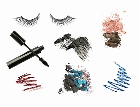 Cosmetic products isolated on white background. Mascara, pencils, lashes, eyeshadows, strokes Stock Photo - Budget Royalty-Free & Subscription, Code: 400-05284238