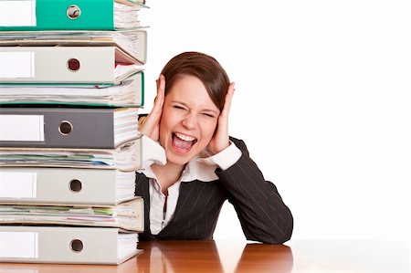 fotodesign_jegg (artist) - Frustrated business woman cries in office behind behind a folder stack. Isolated on white background. Stock Photo - Budget Royalty-Free & Subscription, Code: 400-05284711