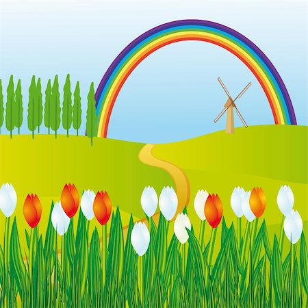 Rainbow over the flowering meadows. Vector illustration. Vector art in Adobe illustrator EPS format, compressed in a zip file. The different graphics are all on separate layers so they can easily be moved or edited individually. The document can be scaled to any size without loss of quality. Stock Photo - Budget Royalty-Free & Subscription, Code: 400-05285860