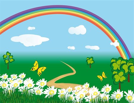 Rainbow over the flowering meadows. Vector illustration. Vector art in Adobe illustrator EPS format, compressed in a zip file. The different graphics are all on separate layers so they can easily be moved or edited individually. The document can be scaled to any size without loss of quality. Stock Photo - Budget Royalty-Free & Subscription, Code: 400-05286779