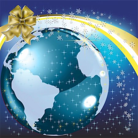 christmas greeting gold bow with planet earth on blue Stock Photo - Budget Royalty-Free & Subscription, Code: 400-05288314