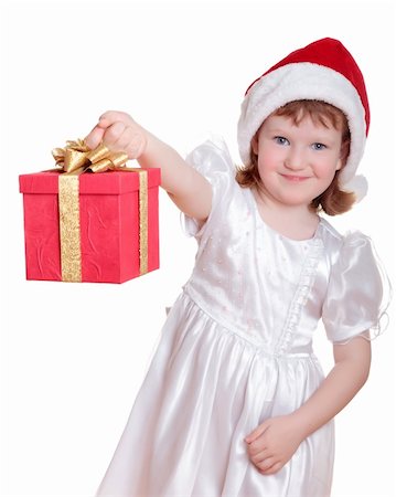 Baby girl in Santa's hat holding her Christmas present isolated on white Stock Photo - Budget Royalty-Free & Subscription, Code: 400-05288531