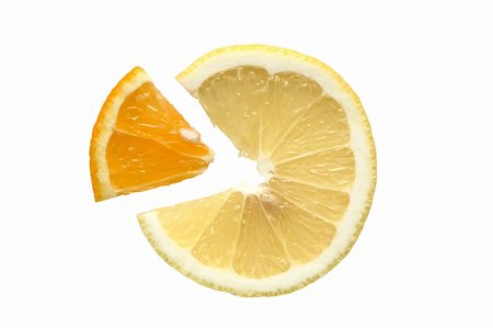 Slice of lemon with part of orange. Isolated on white with clipping path Stock Photo - Budget Royalty-Free & Subscription, Code: 400-05283768