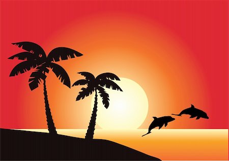 vector illustration of tropical beach with palms and dolphins jumping out of water Stock Photo - Budget Royalty-Free & Subscription, Code: 400-05295220