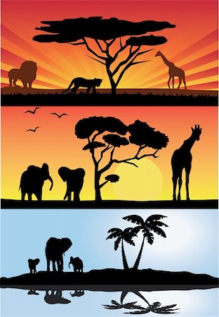peace silhouette in black - vector illustration of three different african landscapes with animals Stock Photo - Budget Royalty-Free & Subscription, Code: 400-05295223