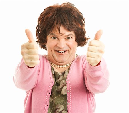 simsearch:841-06031350,k - Funny female impersonator giving two enthusiastic thumbs up!  Isolated on white. Stock Photo - Budget Royalty-Free & Subscription, Code: 400-05298122
