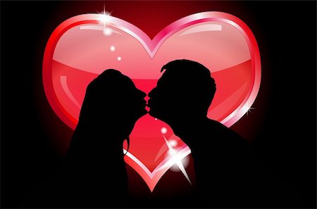 Silhouettes of lovers kissing on the background of the heart Stock Photo - Budget Royalty-Free & Subscription, Code: 400-05293049