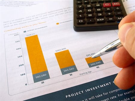 Male hand with pen on the project investment chart with calculator Stock Photo - Budget Royalty-Free & Subscription, Code: 400-05314040