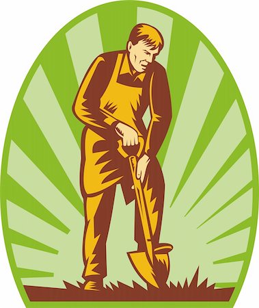 spade shovel vintage - illustration of a Gardener or farmer digging with shovel and sunburst in the background. Stock Photo - Budget Royalty-Free & Subscription, Code: 400-05312633