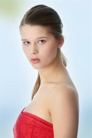 simsearch:400-04335125,k - Attractive young nude woman covering her self with red towel, getting ready for spa treatment, isolated on white Stock Photo - Budget Royalty-Free & Subscription, Code: 400-05322964