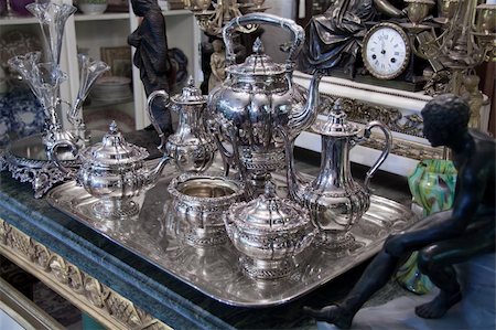 Vintage sterling silver Coffee Tea set displayed in antique store Stock Photo - Budget Royalty-Free & Subscription, Code: 400-05334327