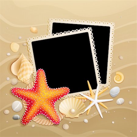 Pictures, shells and starfishes on sand background. Vector illustration. Stock Photo - Budget Royalty-Free & Subscription, Code: 400-05348757