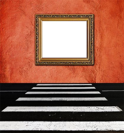 old  elegant golden frame on peach plaster rough background pedestrian crossing foreground Stock Photo - Budget Royalty-Free & Subscription, Code: 400-05340212