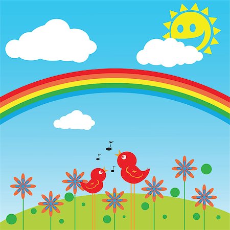 rainbow field - illustration of two birds in a field singing Stock Photo - Budget Royalty-Free & Subscription, Code: 400-05341419