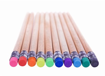 simsearch:400-04046903,k - Several pencils with erasers different colours isolated on white background.Shallow DOF Stock Photo - Budget Royalty-Free & Subscription, Code: 400-05359861