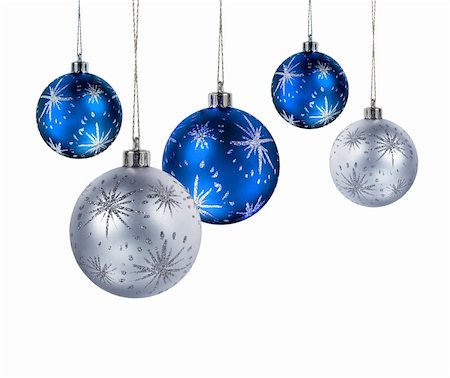 Blue and silver Christmas balls hanging isolated on white background Stock Photo - Budget Royalty-Free & Subscription, Code: 400-05350049