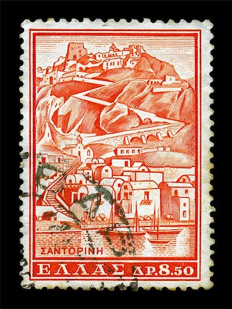 GREECE - CIRCA 1961. Vintage canceled postage stamp with illustration of the island of Santorini, circa 1961. Stock Photo - Budget Royalty-Free & Subscription, Code: 400-05352529