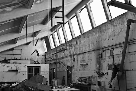 simsearch:859-03983026,k - Smashed equipment in decaying interior of abandoned factory. Black and white. Stock Photo - Budget Royalty-Free & Subscription, Code: 400-05352537
